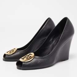 Pre Owned Tory Burch Black Leather Sophie Peep Toe Wedge Pumps Size 37.5