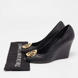 Pre Owned Tory Burch Black Leather Sophie Peep Toe Wedge Pumps Size 37.5