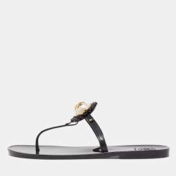 Pre Owned Tory Burch Black Jelly Logo Pearl Melody Flat Thong Sandals Size 38