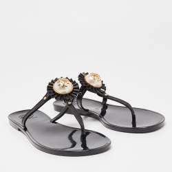 Pre Owned Tory Burch Black Jelly Logo Pearl Melody Flat Thong Sandals Size 38