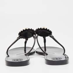 Pre Owned Tory Burch Black Jelly Logo Pearl Melody Flat Thong Sandals Size 38