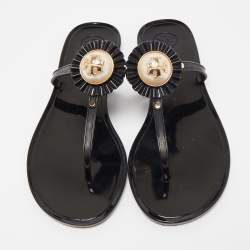 Pre Owned Tory Burch Black Jelly Logo Pearl Melody Flat Thong Sandals Size 38