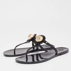 Pre Owned Tory Burch Black Jelly Logo Pearl Melody Flat Thong Sandals Size 38