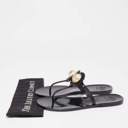 Pre Owned Tory Burch Black Jelly Logo Pearl Melody Flat Thong Sandals Size 38