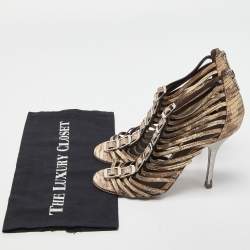 Tory Burch Beige Snakeskin Embossed Nubuck Leather Gladiator Buckle Sandals Size 37  