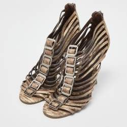 Tory Burch Beige Snakeskin Embossed Nubuck Leather Gladiator Buckle Sandals Size 37  
