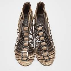 Tory Burch Beige Snakeskin Embossed Nubuck Leather Gladiator Buckle Sandals Size 37  