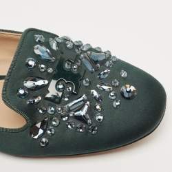 Pre Owned Tory Burch Green Satin Embellished Smoking Slipper Size 39.5