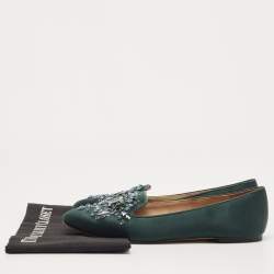Pre Owned Tory Burch Green Satin Embellished Smoking Slipper Size 39.5