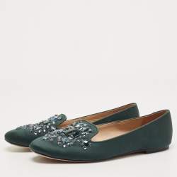 Pre Owned Tory Burch Green Satin Embellished Smoking Slipper Size 39.5