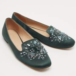 Pre Owned Tory Burch Green Satin Embellished Smoking Slipper Size 39.5