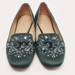Pre Owned Tory Burch Green Satin Embellished Smoking Slipper Size 39.5