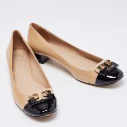 Pre Owned Tory Burch Beige/Black Patent Cap Toe Gigi Pumps Size 40.5