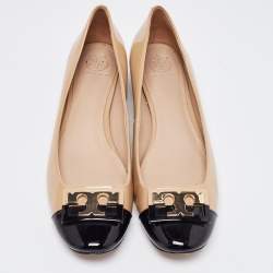 Pre Owned Tory Burch Beige/Black Patent Cap Toe Gigi Pumps Size 40.5