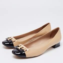 Pre Owned Tory Burch Beige/Black Patent Cap Toe Gigi Pumps Size 40.5