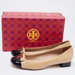 Pre Owned Tory Burch Beige/Black Patent Cap Toe Gigi Pumps Size 40.5