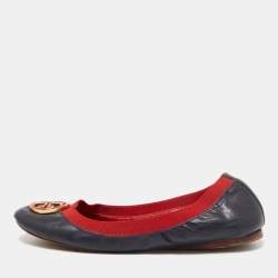 Pre Owned Tory Burch Navy Blue/Red Leather Caroline Scrunch Ballet Flats Size 40.5