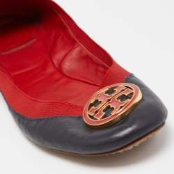 Pre Owned Tory Burch Navy Blue/Red Leather Caroline Scrunch Ballet Flats Size 40.5