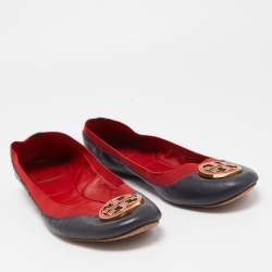 Pre Owned Tory Burch Navy Blue/Red Leather Caroline Scrunch Ballet Flats Size 40.5