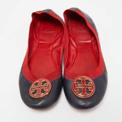 Pre Owned Tory Burch Navy Blue/Red Leather Caroline Scrunch Ballet Flats Size 40.5