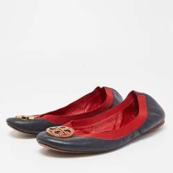 Pre Owned Tory Burch Navy Blue/Red Leather Caroline Scrunch Ballet Flats Size 40.5