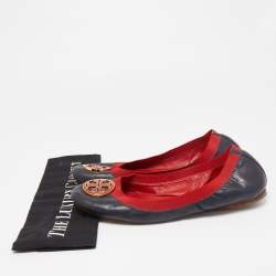 Pre Owned Tory Burch Navy Blue/Red Leather Caroline Scrunch Ballet Flats Size 40.5
