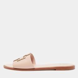 Tory Burch Pink Leather Logo Flat Slides Size 39