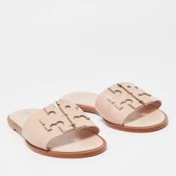 Tory Burch Pink Leather Logo Flat Slides Size 39