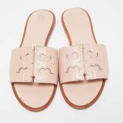 Tory Burch Pink Leather Logo Flat Slides Size 39