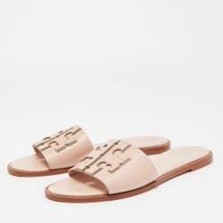 Tory Burch Pink Leather Logo Flat Slides Size 39