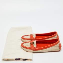 Tory Burch Beige/Orange Canvas and Leather Casey Loafers Size 37.5