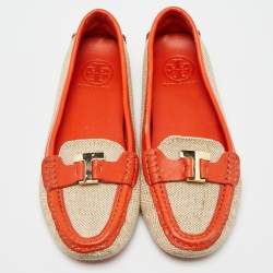 Tory Burch Beige/Orange Canvas and Leather Casey Loafers Size 37.5