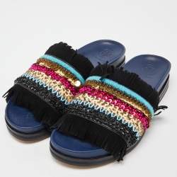 Pre Owned Tory Burch Black/Navy Blue Leather Embellished Isle Sildes Size 37.5