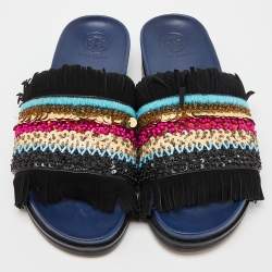 Pre Owned Tory Burch Black/Navy Blue Leather Embellished Isle Sildes Size 37.5