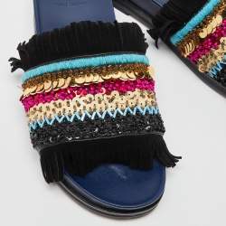 Pre Owned Tory Burch Black/Navy Blue Leather Embellished Isle Sildes Size 37.5