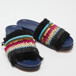 Pre Owned Tory Burch Black/Navy Blue Leather Embellished Isle Sildes Size 37.5