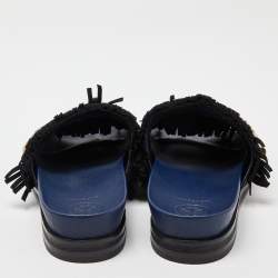 Pre Owned Tory Burch Black/Navy Blue Leather Embellished Isle Sildes Size 37.5