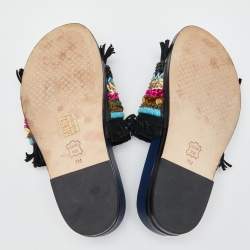 Pre Owned Tory Burch Black/Navy Blue Leather Embellished Isle Sildes Size 37.5