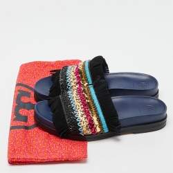 Pre Owned Tory Burch Black/Navy Blue Leather Embellished Isle Sildes Size 37.5