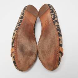 Pre Owned Tory Burch Black/Brown Printed Straw and Leather Aaden Ballet Flats Size 38.5