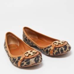 Pre Owned Tory Burch Black/Brown Printed Straw and Leather Aaden Ballet Flats Size 38.5