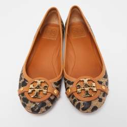 Pre Owned Tory Burch Black/Brown Printed Straw and Leather Aaden Ballet Flats Size 38.5