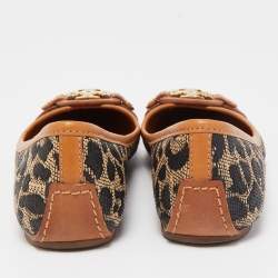 Pre Owned Tory Burch Black/Brown Printed Straw and Leather Aaden Ballet Flats Size 38.5