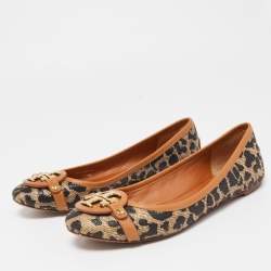 Pre Owned Tory Burch Black/Brown Printed Straw and Leather Aaden Ballet Flats Size 38.5