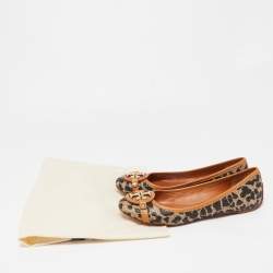 Pre Owned Tory Burch Black/Brown Printed Straw and Leather Aaden Ballet Flats Size 38.5