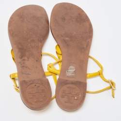 Pre Owned Tory Burch Yellow Leather Flower Thong Flat Sandals Size 37