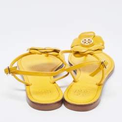 Pre Owned Tory Burch Yellow Leather Flower Thong Flat Sandals Size 37