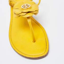 Pre Owned Tory Burch Yellow Leather Flower Thong Flat Sandals Size 37