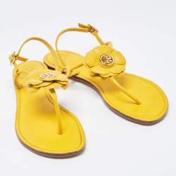 Pre Owned Tory Burch Yellow Leather Flower Thong Flat Sandals Size 37