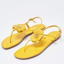 Pre Owned Tory Burch Yellow Leather Flower Thong Flat Sandals Size 37
